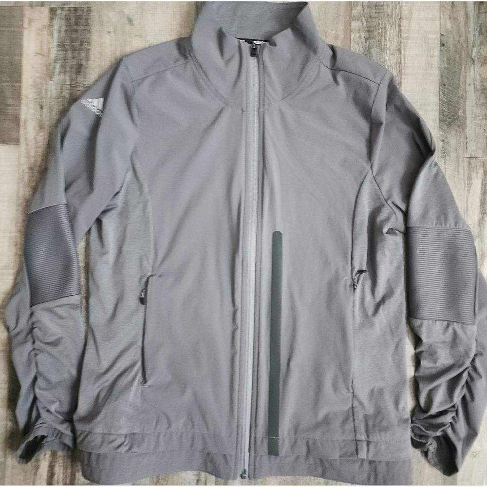Adidas Running Jacket Women Small Gray Full Zip Mock Neck Ruched Sleeve Active